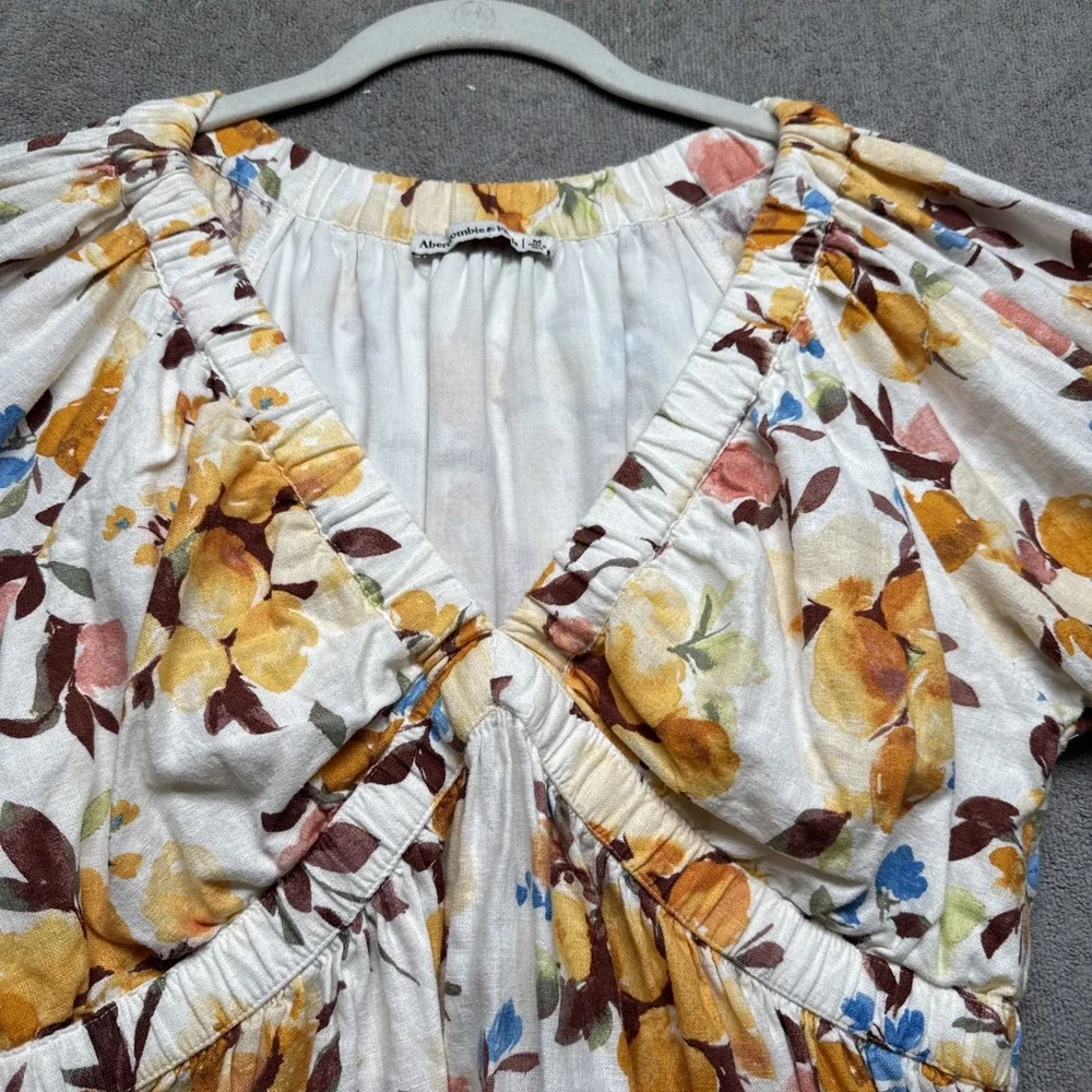 Abercrombie Puff Sleeve‎ Floral Linen Babydoll Top Cottagecore 2010s Y2K Revival